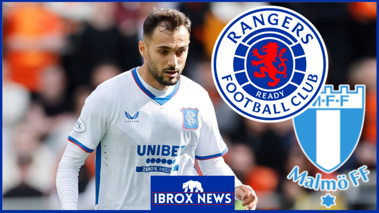 Nedim Bajrami, Rangers badge, Malmo FF badge