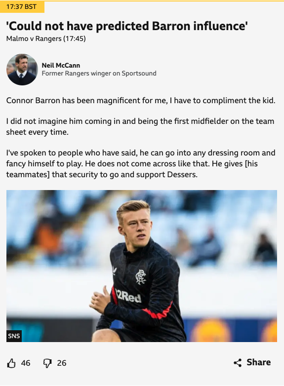 Neil McCann Connor Barron Rangers BBC Sport