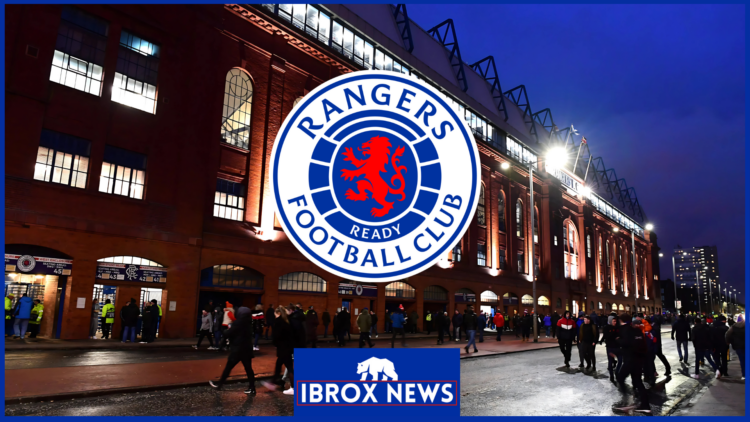Rangers badge, fans outside Ibrox