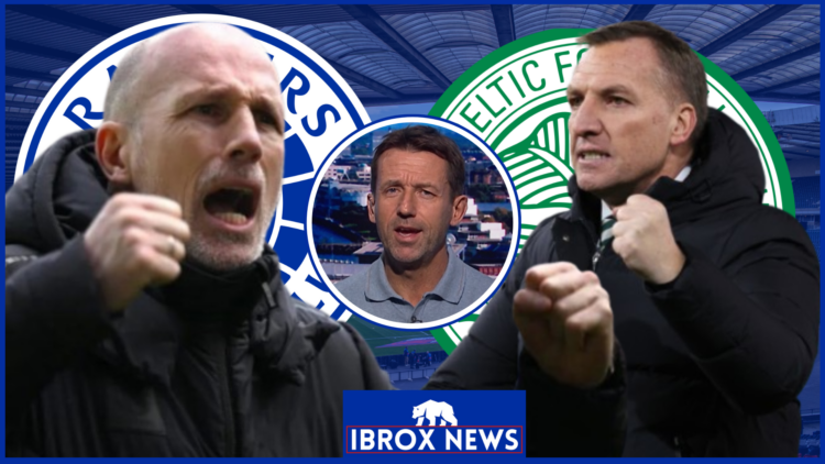 Philippe Clement, Brendan Rogers, Neil McCann in inset, Rangers badge, Celtic badge