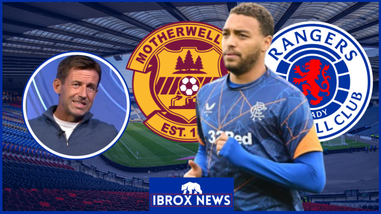 Cyriel Dessers, Neil McCann in inset, Motherwell badge, Rangers badge