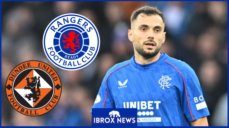 Nedim Bajrami, Dundee United badge, Rangers badge