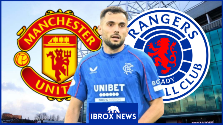 Nedim Bajrami, Rangers badge, Manchester United badge