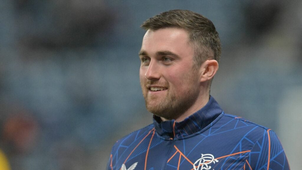 Rangers defender John Souttar smiles during warm-up.