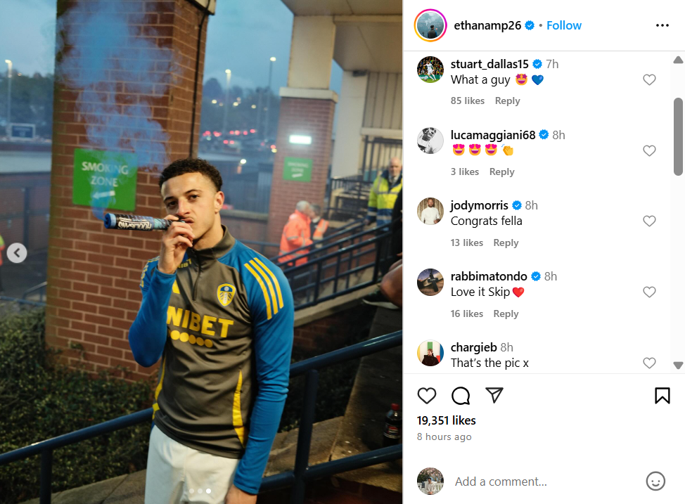 Rabbi Matondo reacts to Ethan Ampadu's Instagram post on 21 April.