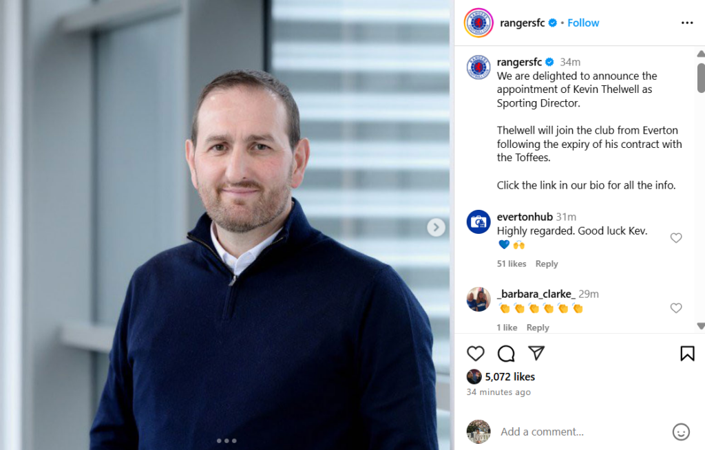 Michael Beale reacts to Rangers announcement on Instagram on 23 April 2025.