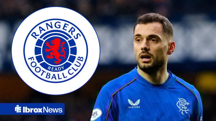 Nedim Bajrami stares concernedly at the Rangers badge on the left side of the image.