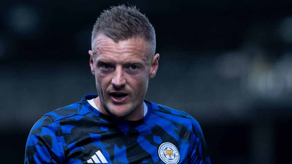 Rangers target Jamie Vardy warming up for his former club Leicester City.