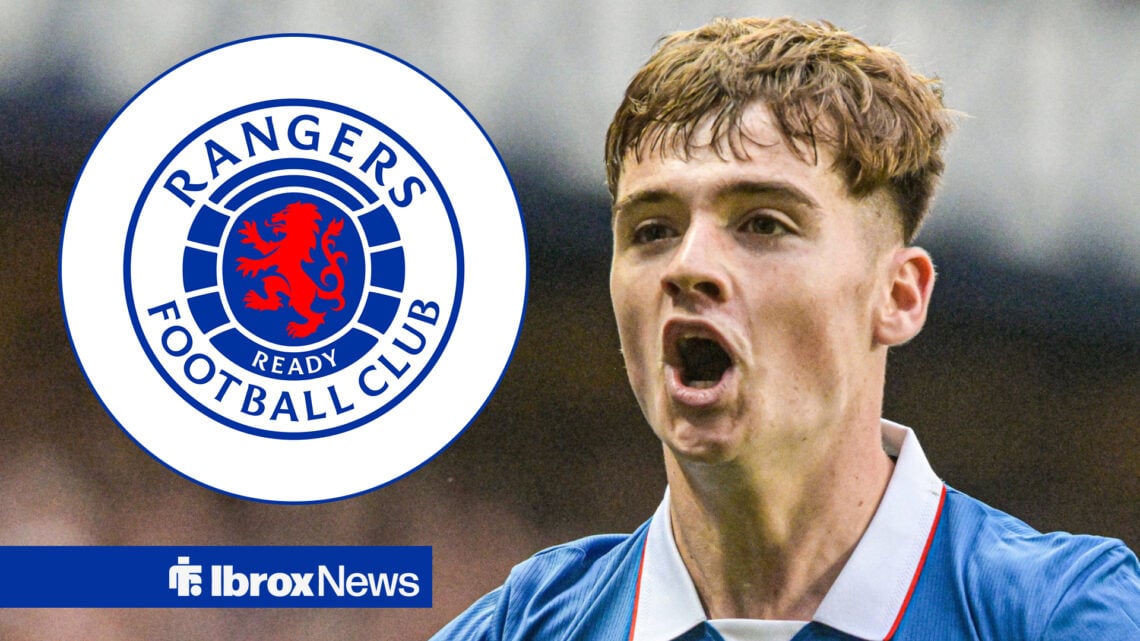 Findlay Curtis in Rangers action, alongside a Rangers badge in a circular frame