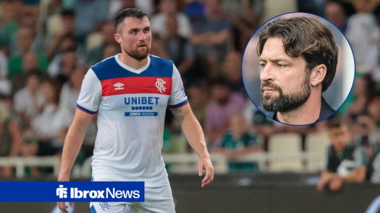Rangers defender John Souttar in action, as manager Russell Martin watches on.