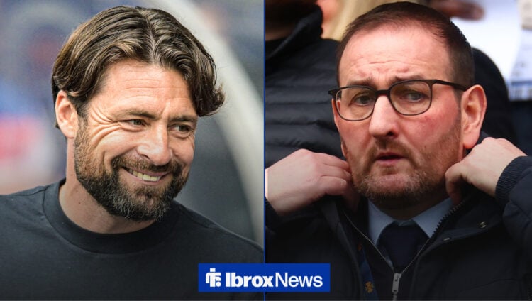 Rangers manager Russell Martin smiles at sporting director Kevin Thelwell.
