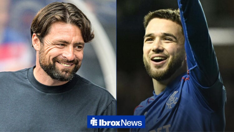 Rangers manager Russell Martin smiling as Nicolas Raskin celebrates.