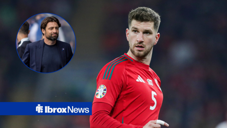 Chris Mepham playing for Wales, with Russell Martin in the circle