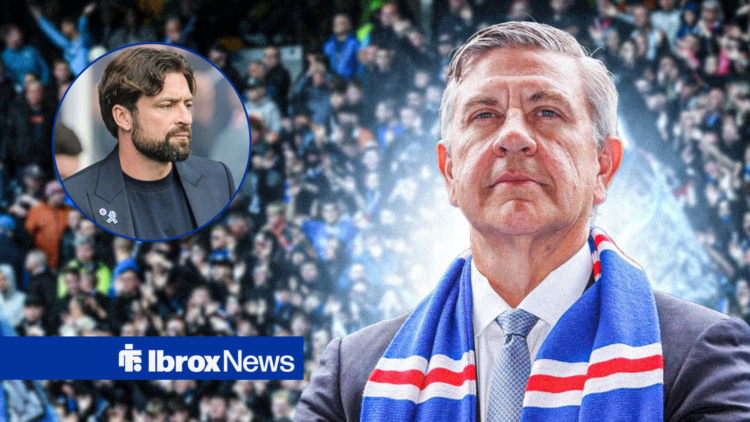 Andrew Cavanagh wearing Rangers scarf with Russell Martin in circular frame
