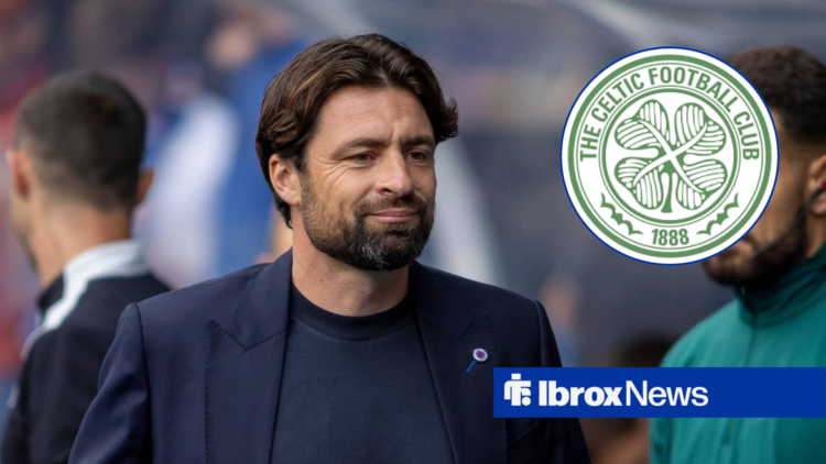 Rangers manager Russell Martin looking pleased with Celtic badge insert