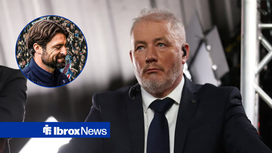 Ally McCoist looks to the left, annoyed. Rangers manager Russell Martin looks under pressure in a circle to the left of McCoist.