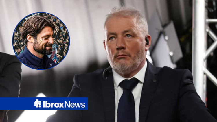 Ally McCoist looks to the left, annoyed. Rangers manager Russell Martin looks under pressure in a circle to the left of McCoist.