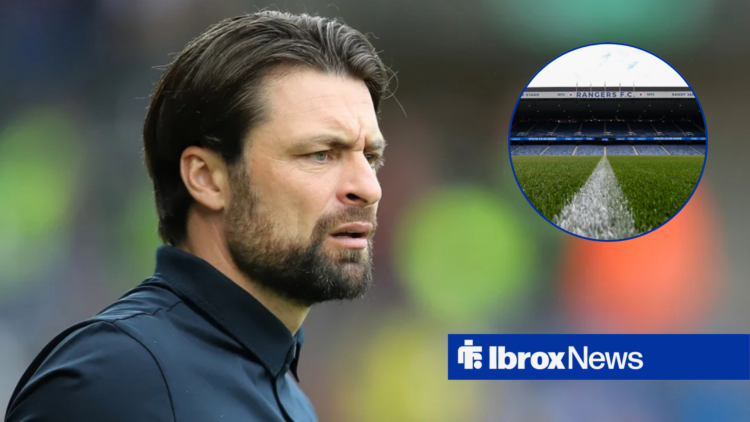 Russell Martin looking concerned with Ibrox in circular frame