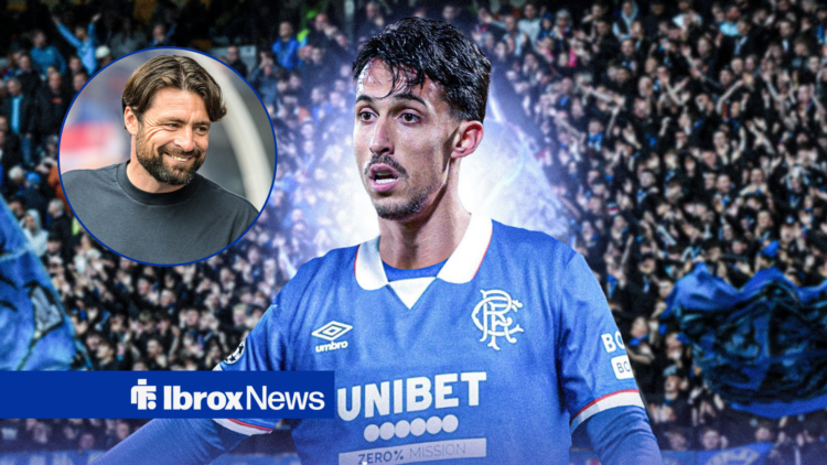 Bojan Miovski in Rangers kit looking at Russell Martin smiling in circle