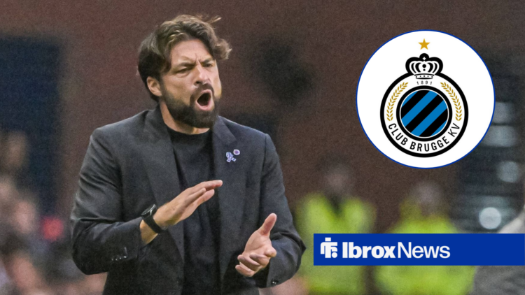 Russell Martin looking angry with an inset of a Club Brugge badge.