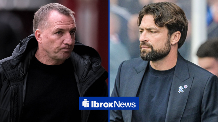 Brendan Rodgers looking worried towards Russell Martin looking frustrated