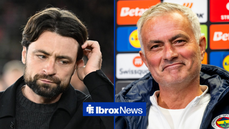 Russell Martin looking glum on left with Jose Mourinho smiling on right