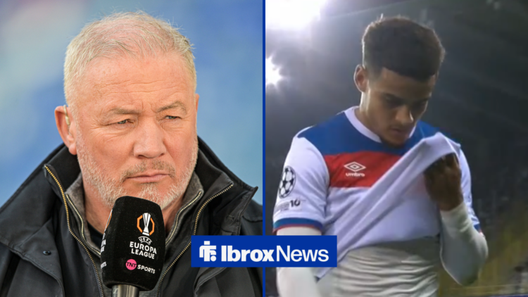 Ally McCoist with microphone, Max Aarons in Rangers away shirt