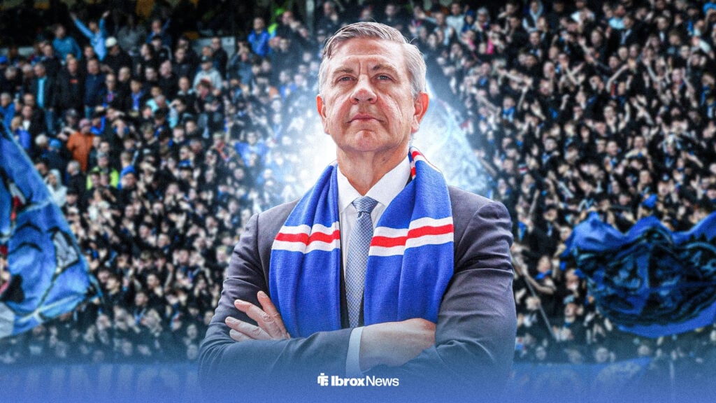 Andrew Cavenagh with his arms folded, with Ibrox in background