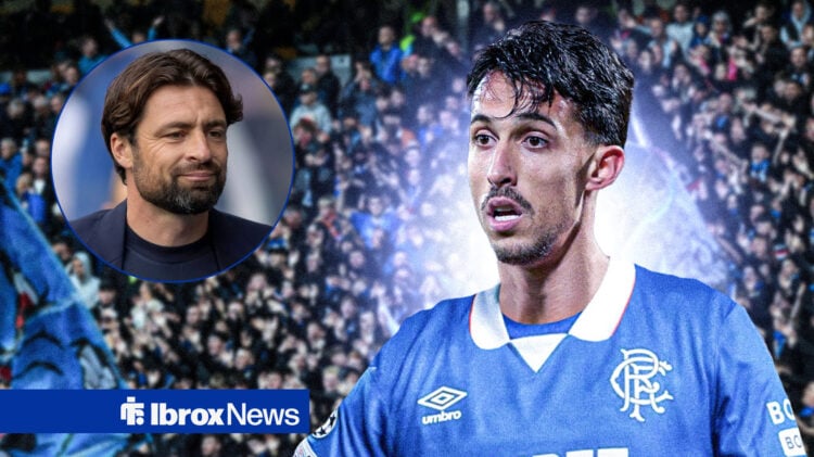 Russell Martin looks at Bojan Miovski in Rangers kit.