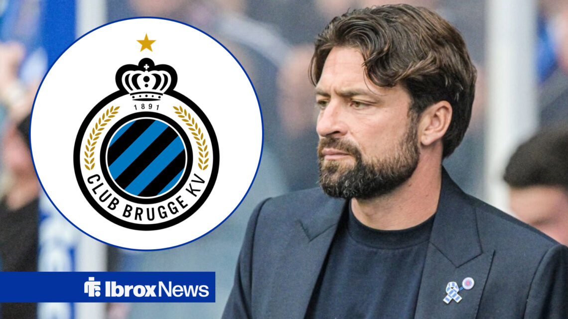 Club Brugge badge in a circular inset, Russell Martin looking to the side at Ibrox.