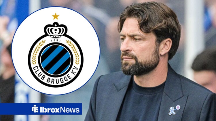 Club Brugge badge in a circular inset, Russell Martin looking to the side at Ibrox.