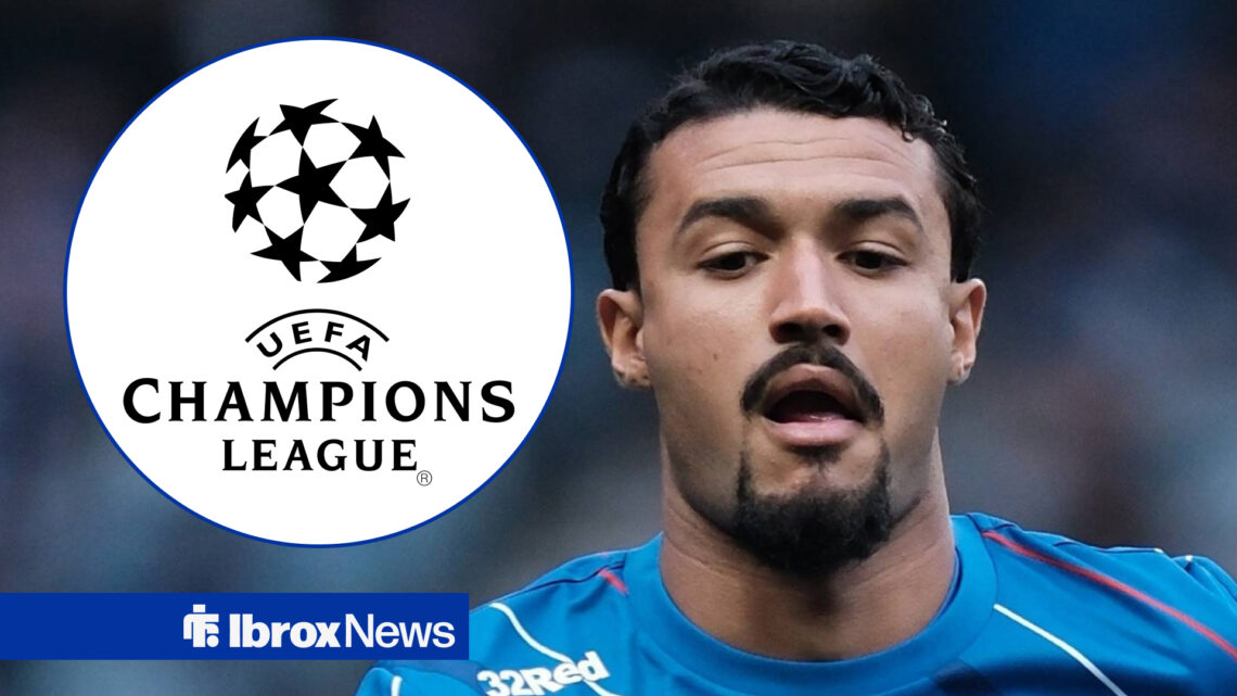 Rangers defender Jefte, Champions League logo in insert