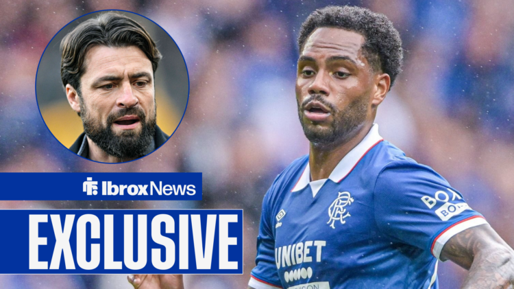Danilo in a Rangers home shirt with angry Russell Martin in circular inset and exclusive tag