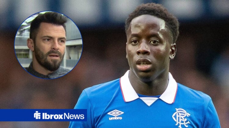 Rangers winger Djeidi Gassama in action, as pundit Steven Thompson watches on.