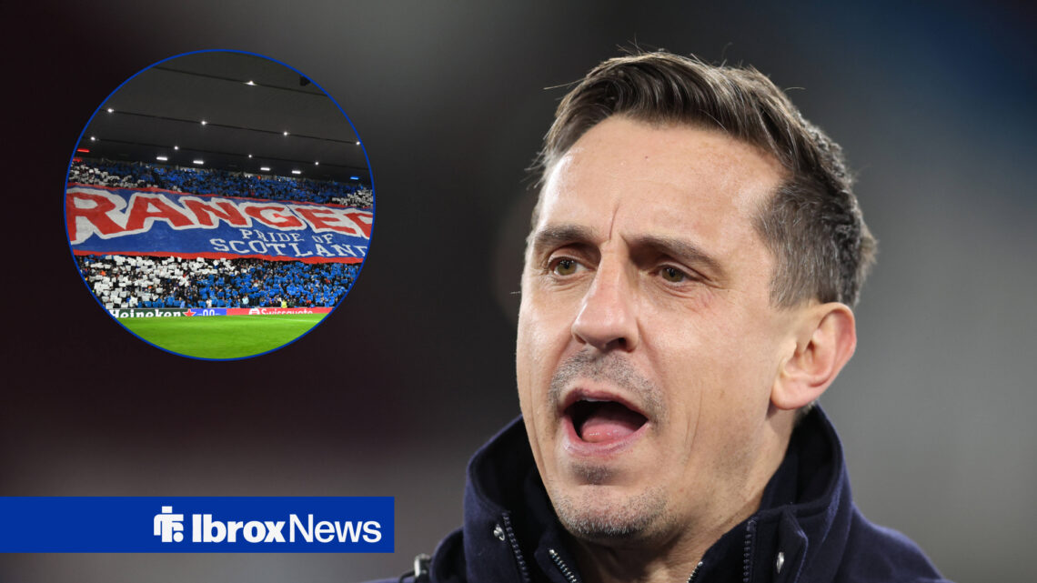 Sky Sports pundit Gary Neville speaking with Rangers stadium Ibrox in insert