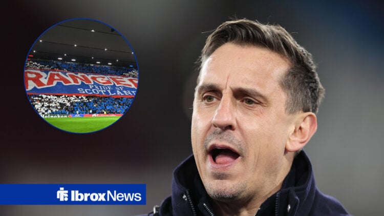 Sky Sports pundit Gary Neville speaking with Rangers stadium Ibrox in insert