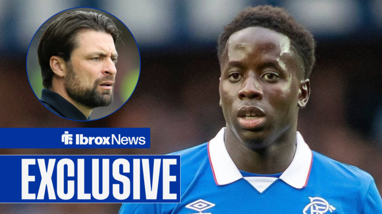 Djeidi Gassama playing in Rangers home kit with Russell Martin in circle frame inset
