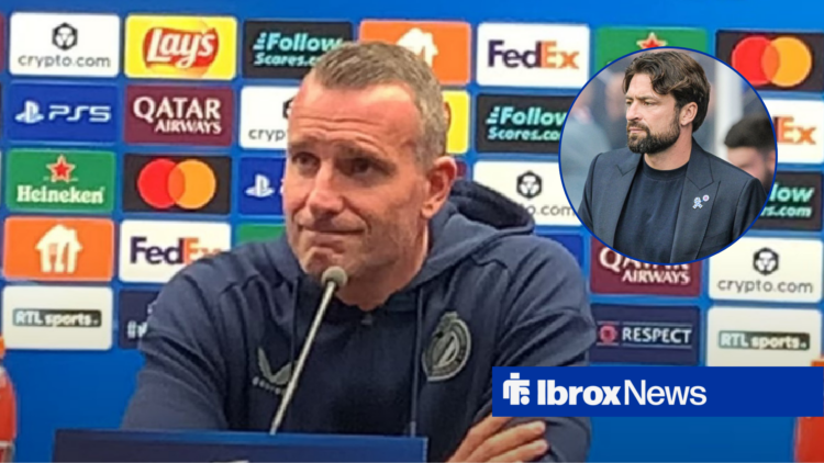 Nicky Hayen in Club Brugge press conference with Russell Martin in circular inset