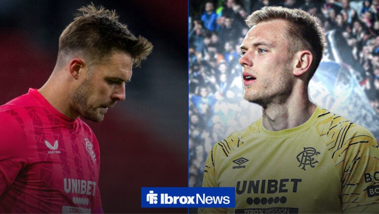 Rangers goalkeeper Jack Butland hangs his head in shame as Karl Hein watches on.