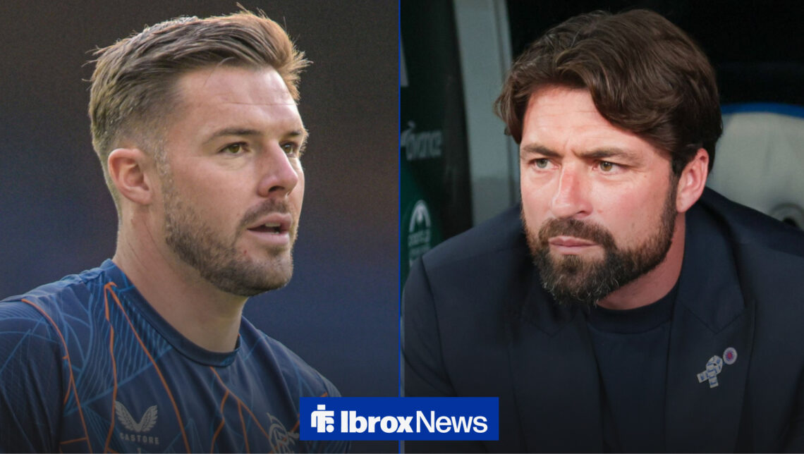 Rangers goalkeeper Jack Butland locks eyes with manager Russell Martin.