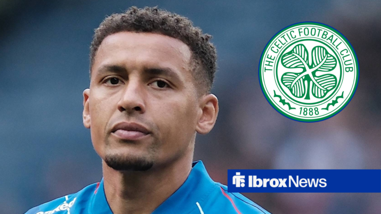 An image of James Tavernier in a Rangers tracksuit next to a circular inset of a Celtic badge