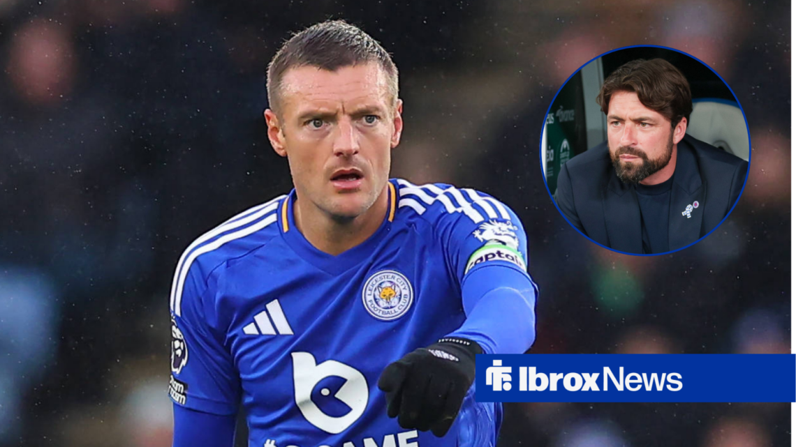 Jamie Vardy stares across at Russell Martin, who watches on from the dugout in a circular inset.