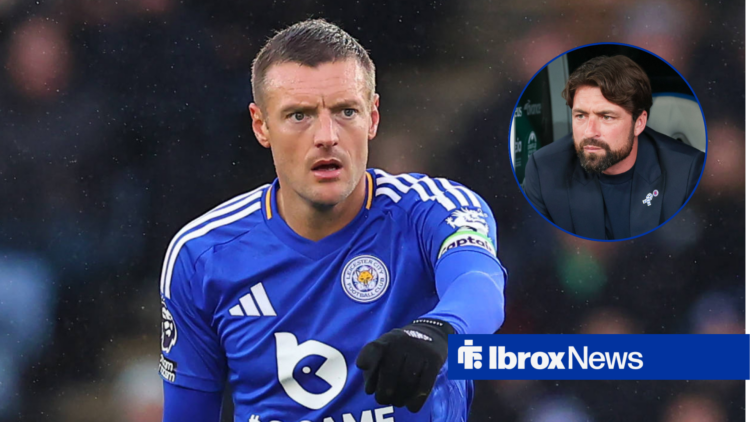 Jamie Vardy stares across at Russell Martin, who watches on from the dugout in a circular inset.