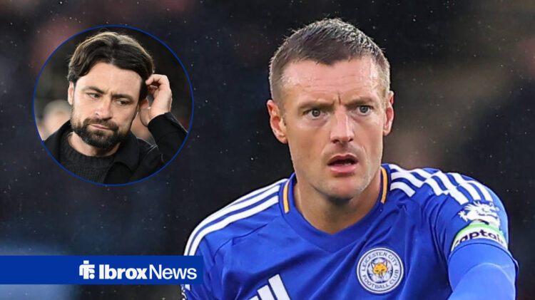 James Vardy in Leicester home kit with Russell Martin in circle frame inset