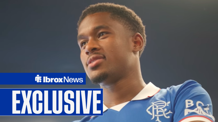 Jayden Meghoma being unveiled in Rangers home shirt.