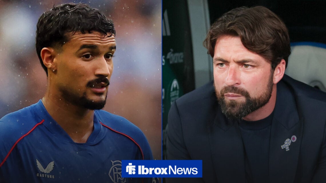 Rangers defender Jefte in action as manager Russell Martin watches on.
