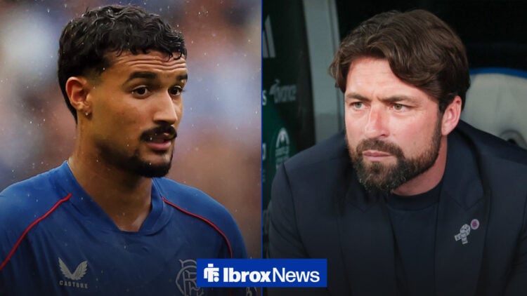 Rangers defender Jefte in action as manager Russell Martin watches on.