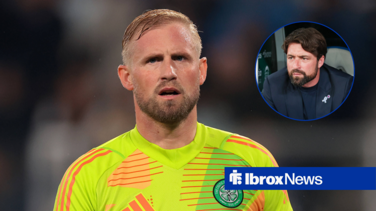 Rangers manmager Russell Martin glares across at Celtic goalkeeper Kasper Schmeichel from a cricular inset.