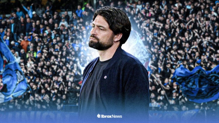 Russell Martin looking dejected, with Ibrox in background