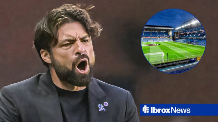 Russell Martin shouting, with Ibrox in circular frame